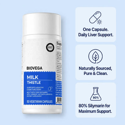 Biovega Milk Thistle supplement bottle with descriptive text on a light blue background