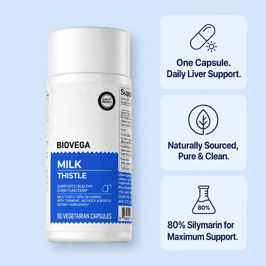 Biovega Milk Thistle supplement bottle with descriptive text on a light blue background